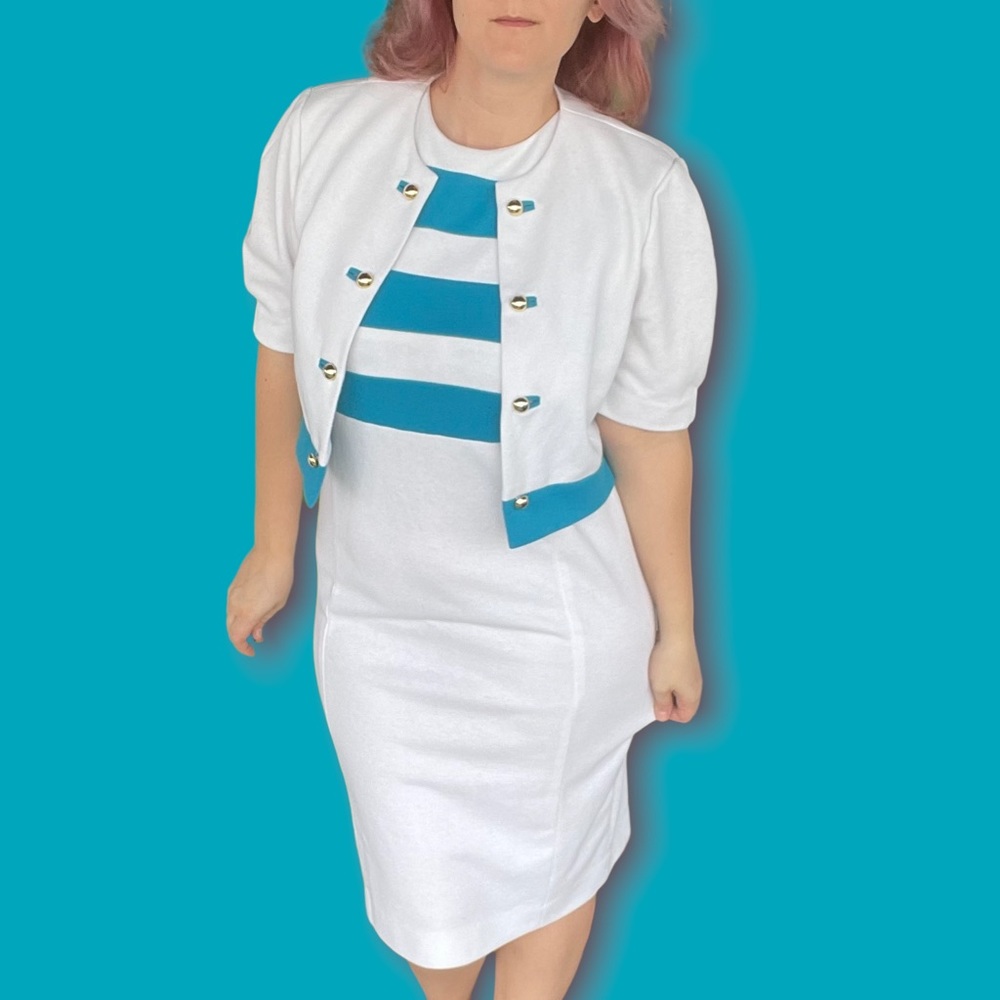Vintage 70s Leslie Fay white dress with bright blue stripes 2 piece size 14